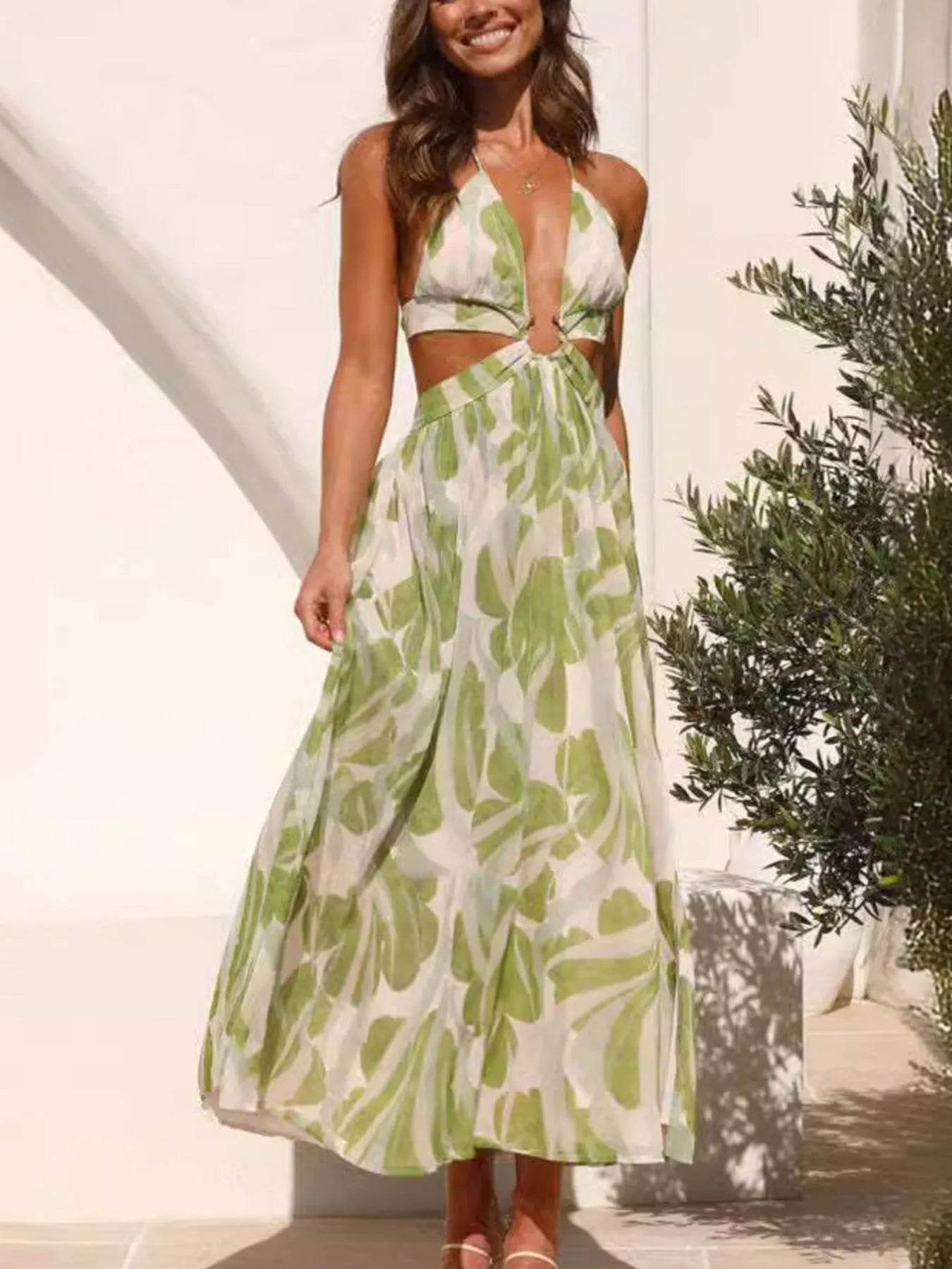 Tropical Print Backless Maxi Sleeveless Dress - ELY VESSA LLC