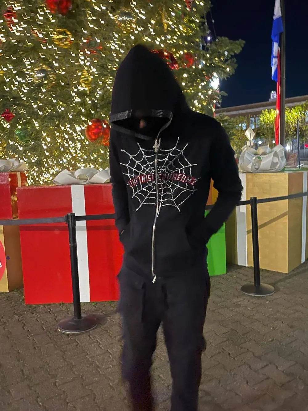Men's Spider Web Rhinestones Zip-Up Hoodie - ELY VESSA LLC