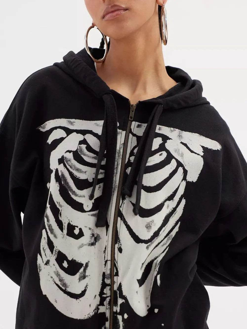 Skeleton Zip Up Drawstring Hoodie - ELY VESSA LLC