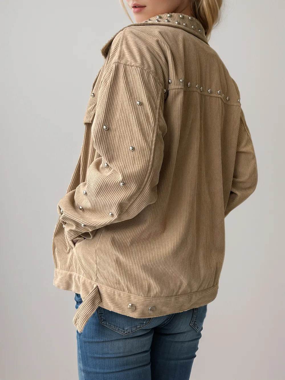 Studded Collared Neck Button Up Jacket - ELY VESSA LLC