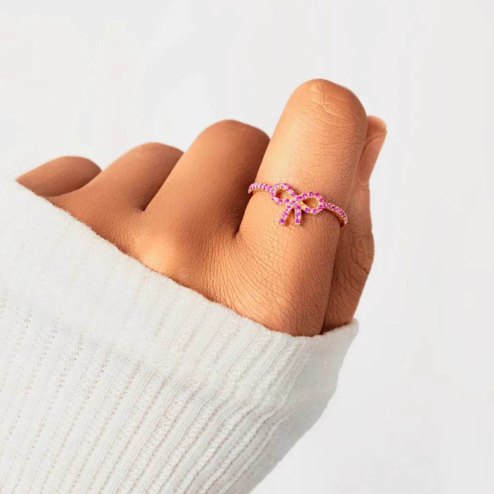 925 Sterling Silver Inlaid Zircon Bow Ring - ELY VESSA LLC