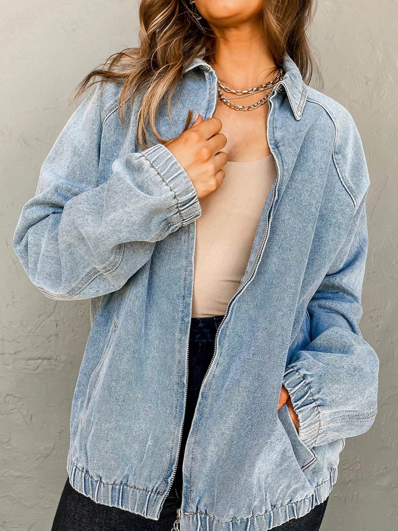 Elastic Edge Collared Zip Up Denim Jacket With Pocket - ELY VESSA LLC