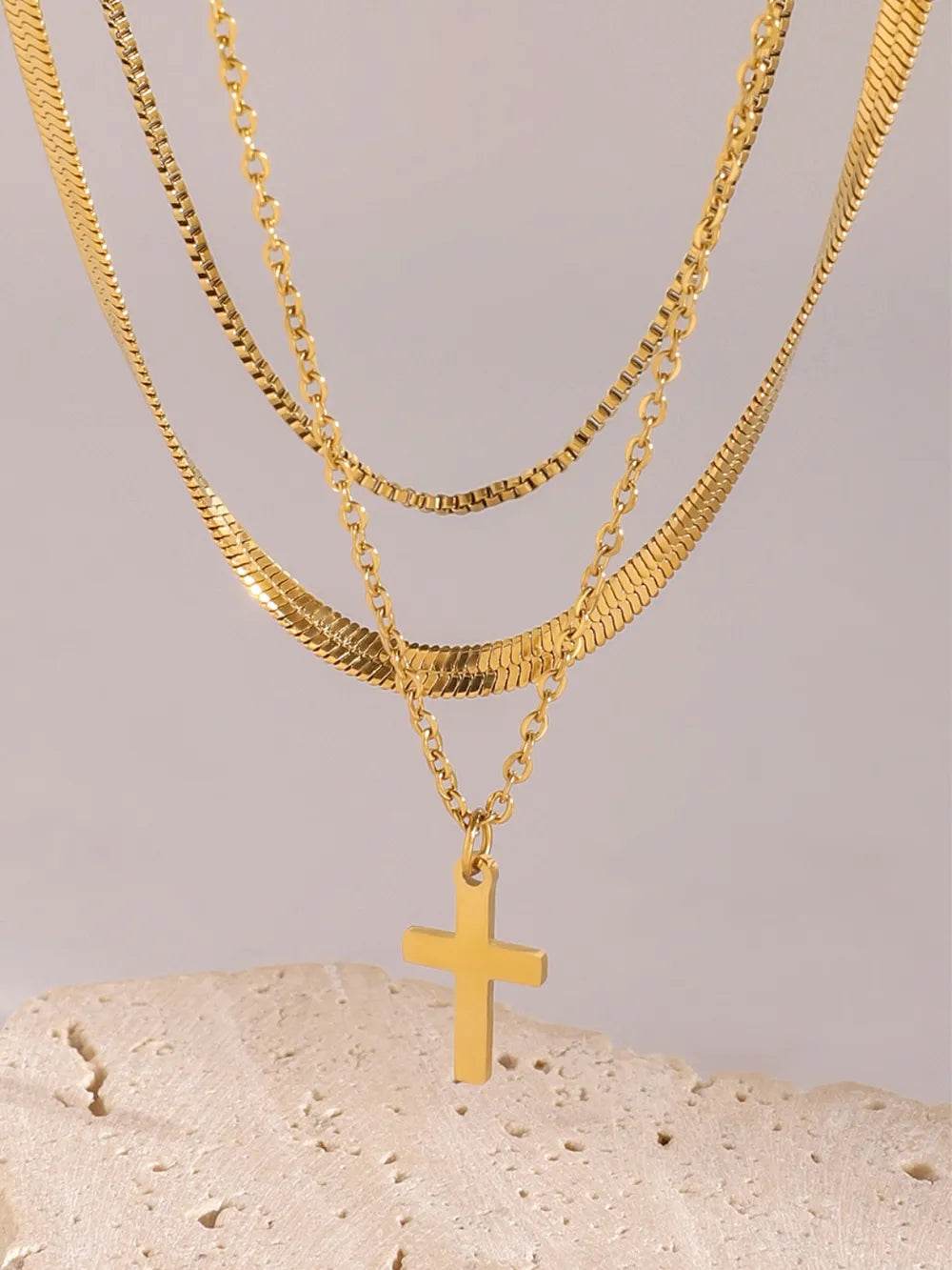 18K Gold-Plated Three-Layered Cross Necklace - ELY VESSA LLC