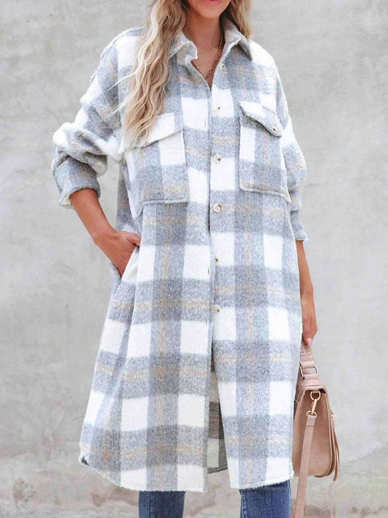 Oversized Plaid Button Up Longline Jacket - ELY VESSA LLC