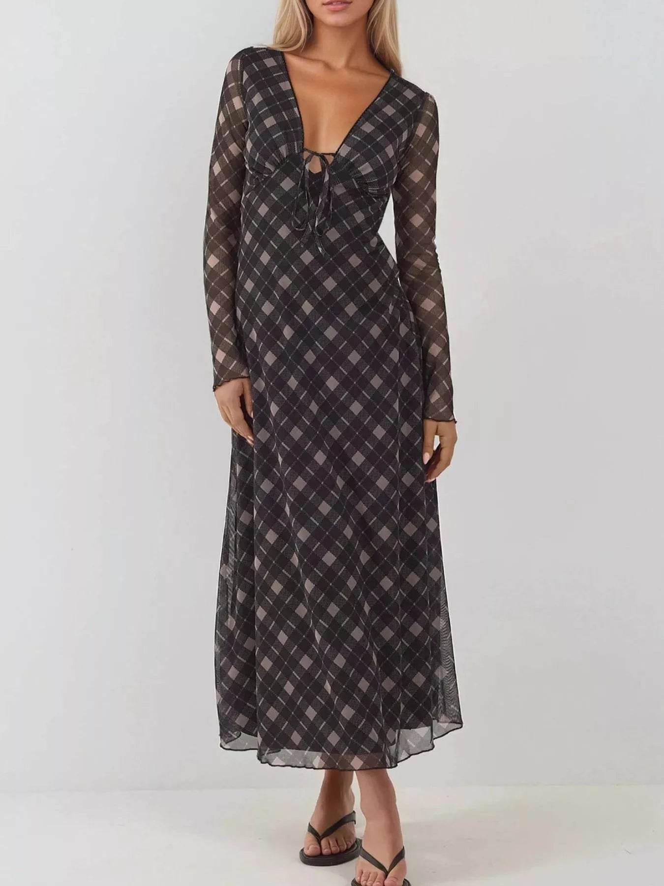 Tie Front Plaid Long Sleeve Dress - ELY VESSA LLC