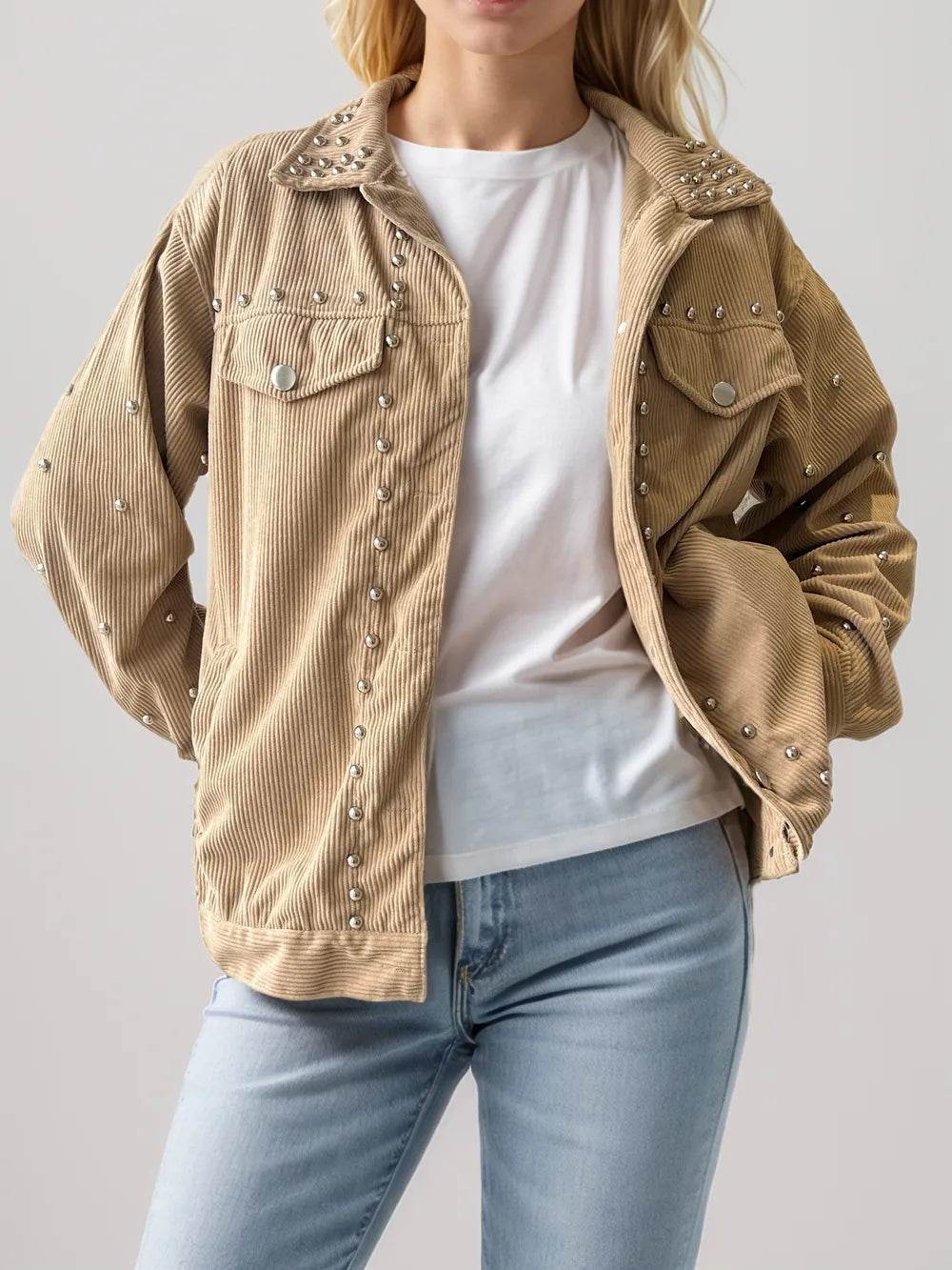 Studded Collared Neck Button Up Jacket - ELY VESSA LLC