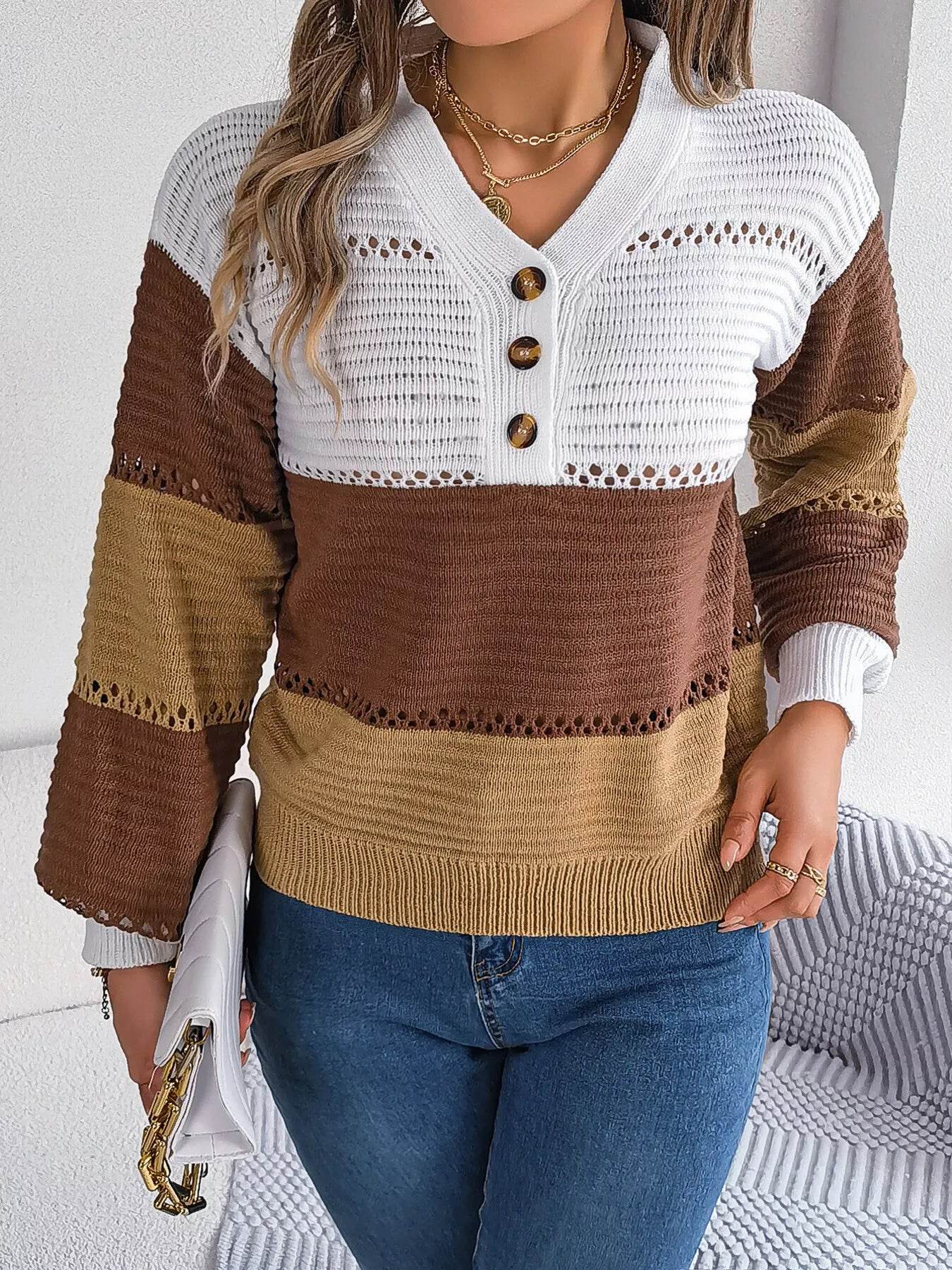 Color Block Striped V-Neck Button Detail Sweater - ELY VESSA LLC