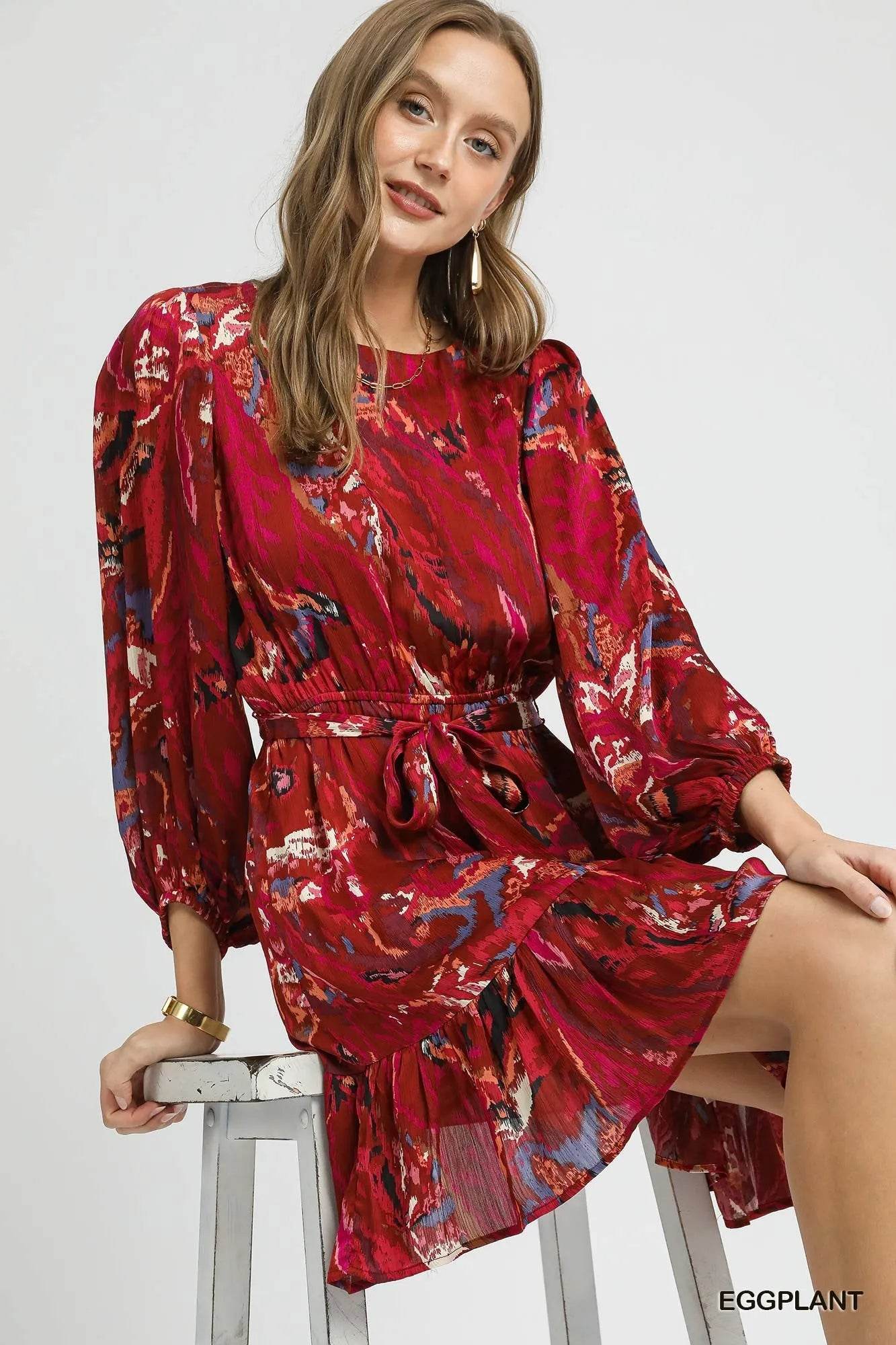 Umgee Ruffled Hem Printed Balloon Sleeve Dress - ELY VESSA LLC