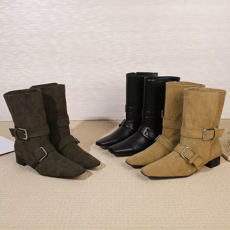 Square Toe Block Heels Boots - ELY VESSA LLC