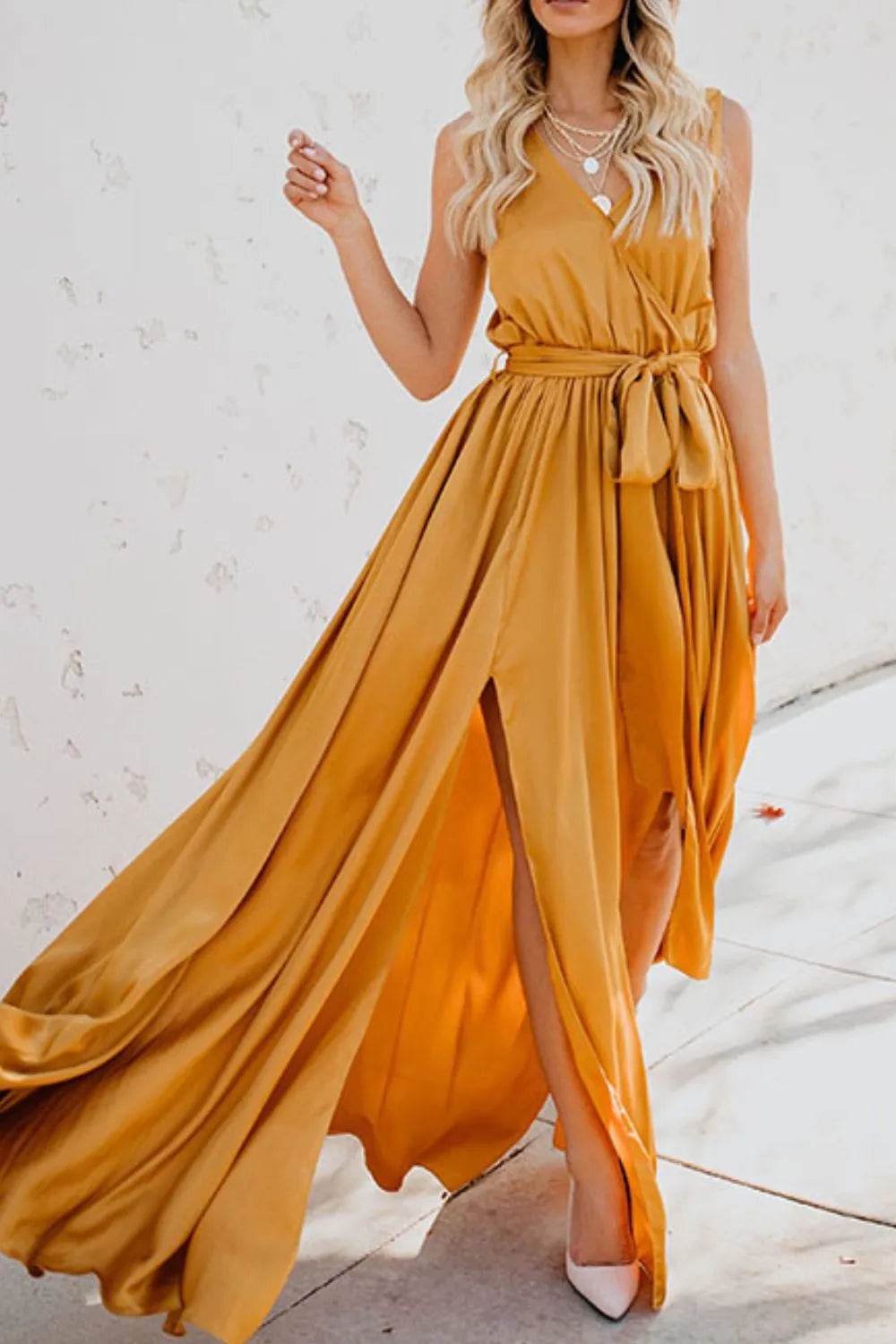 Surplice Tie Waist Maxi Dress - ELY VESSA LLC