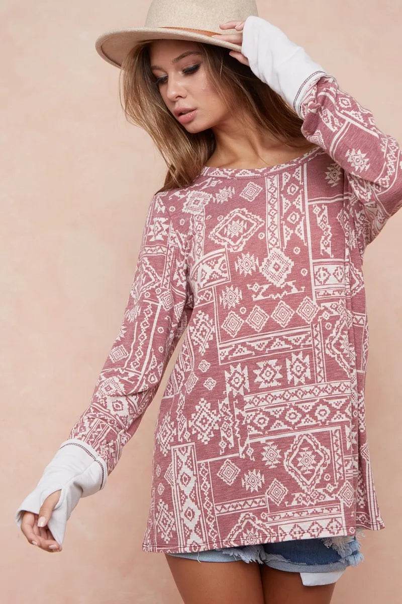 BiBi Aztec Print French Terry Top with Thumb Opening - ELY VESSA LLC