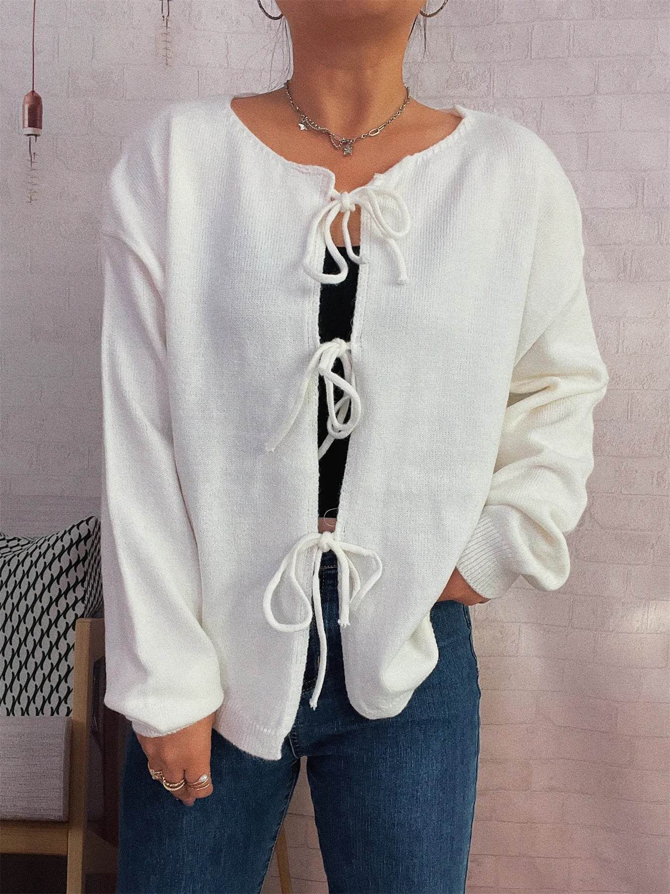 Tie Front Drop Shoulder Cardigan - ELY VESSA LLC