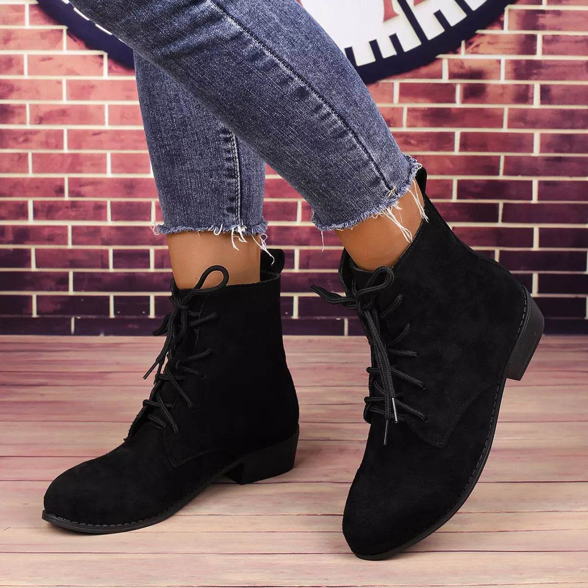 Lace Up Block Heels Boots - ELY VESSA LLC