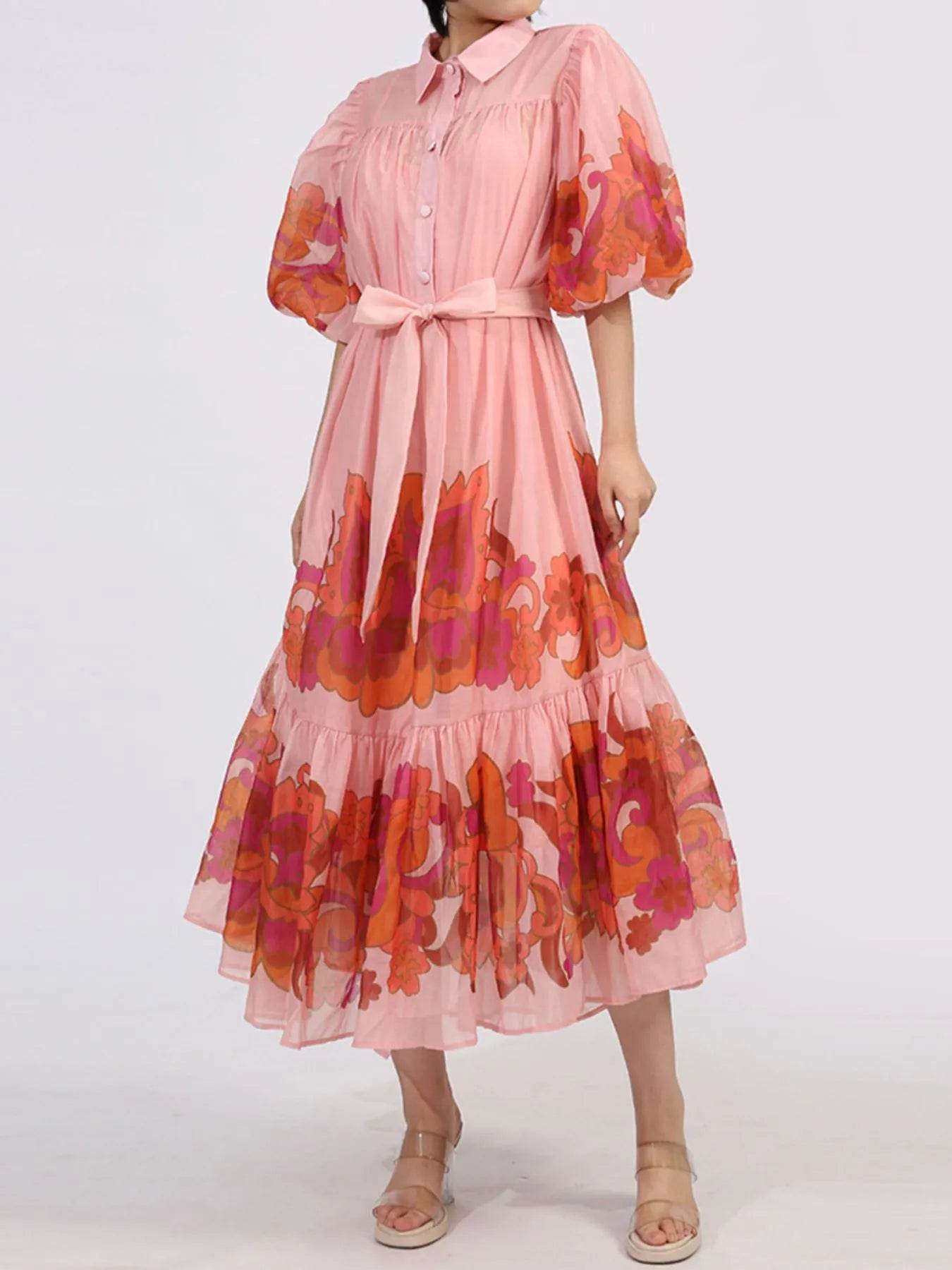 Button Front Puff Sleeve Dress - ELY VESSA LLC