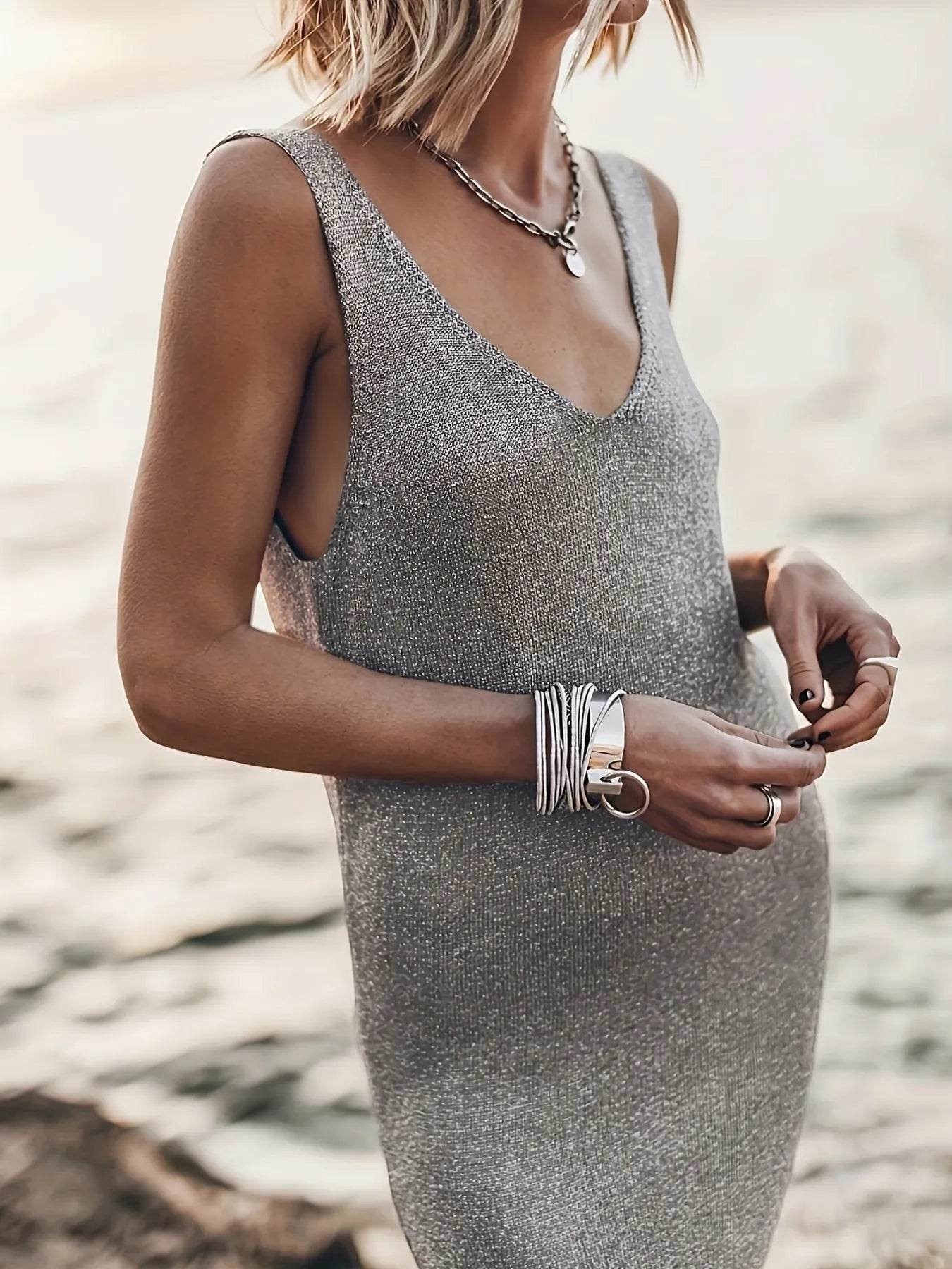 V-Neck Sleeveless Midi Dress - ELY VESSA LLC