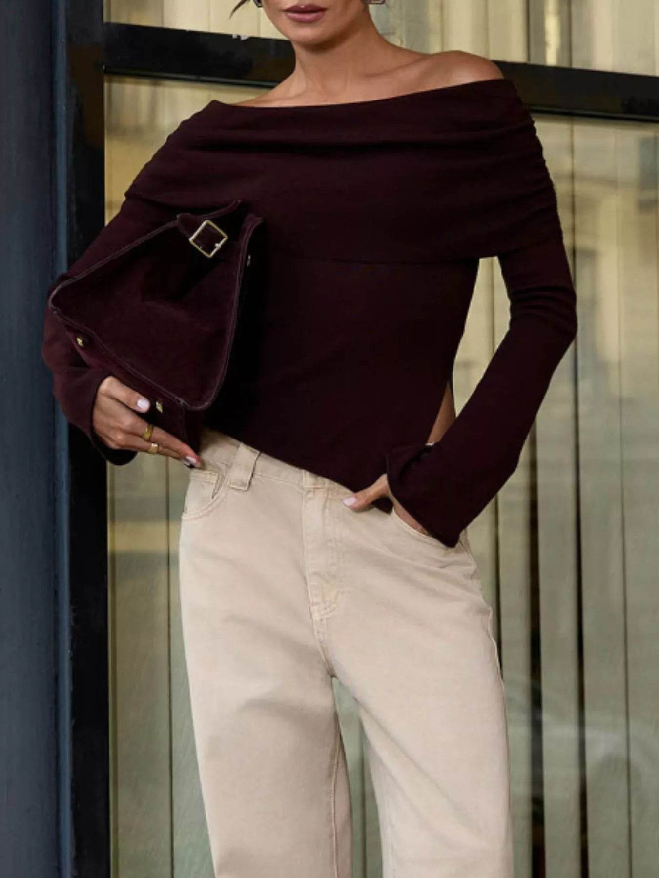 Asymmetrical Hem Off-Shoulder Long Sleeve Knit Top - ELY VESSA LLC