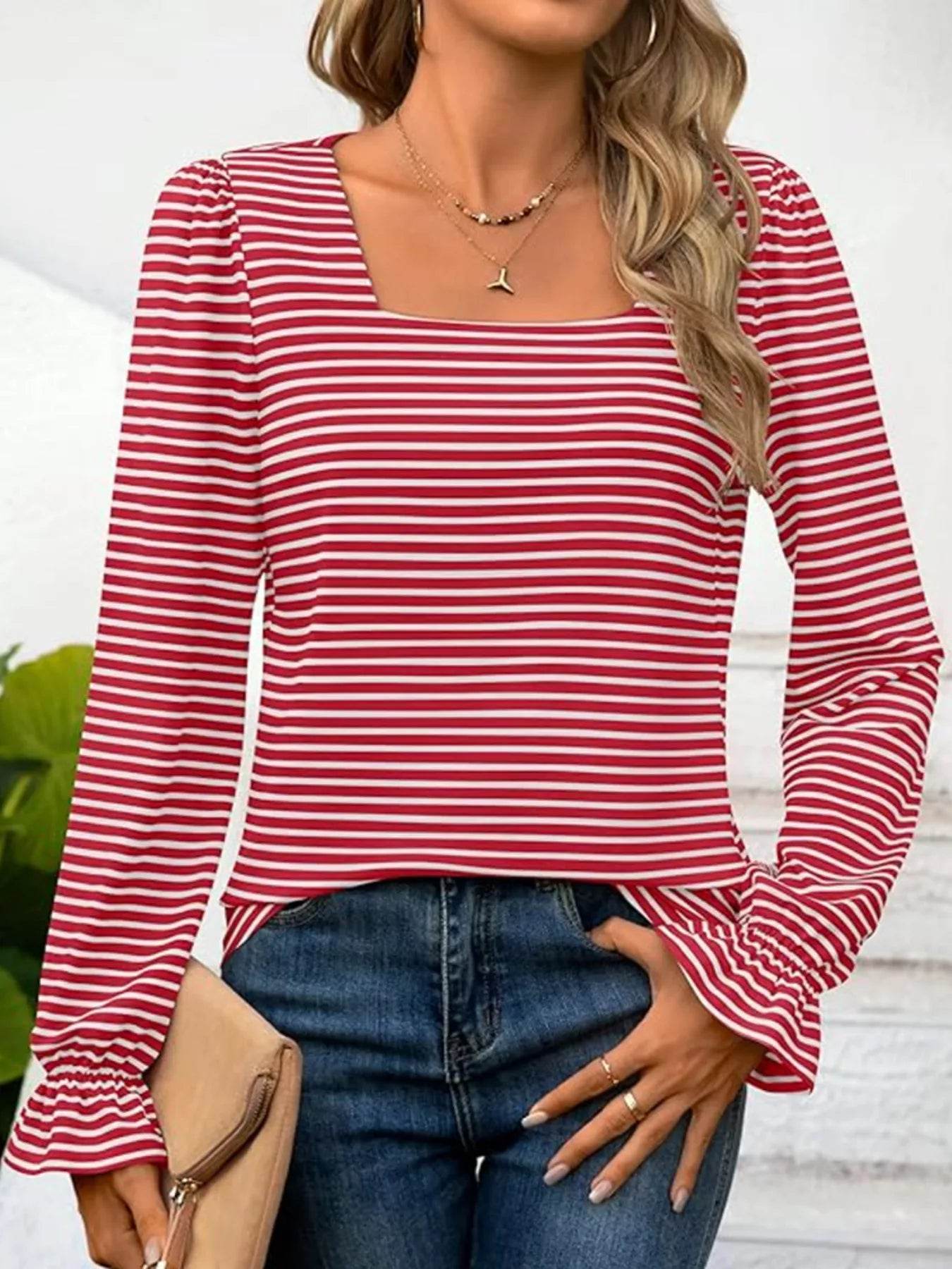 Striped Long Sleeve T-Shirt with Square Neckline - ELY VESSA LLC