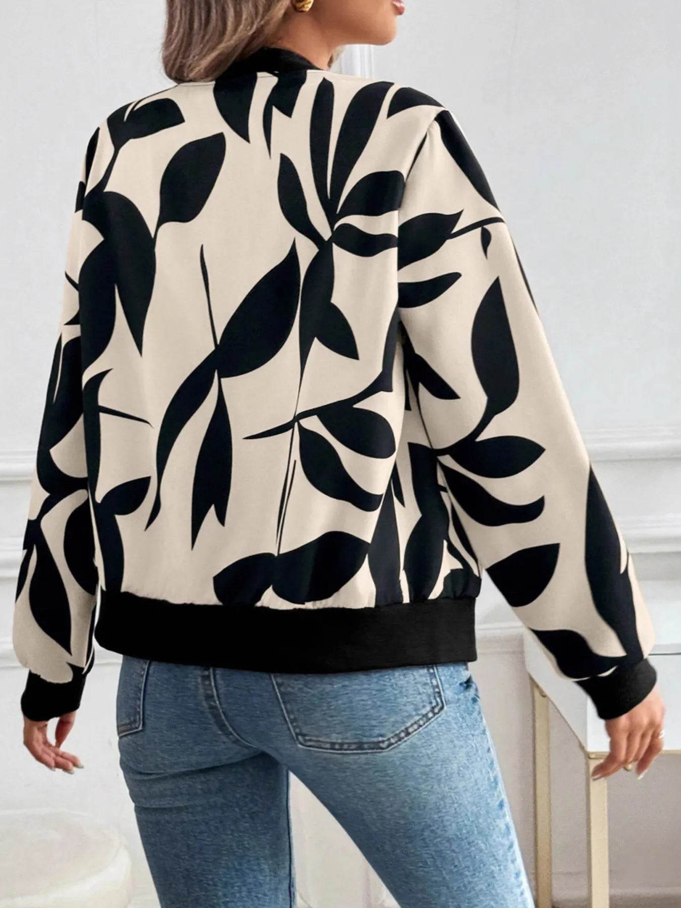 Printed Zip Up Long Sleeve Jacket - ELY VESSA LLC
