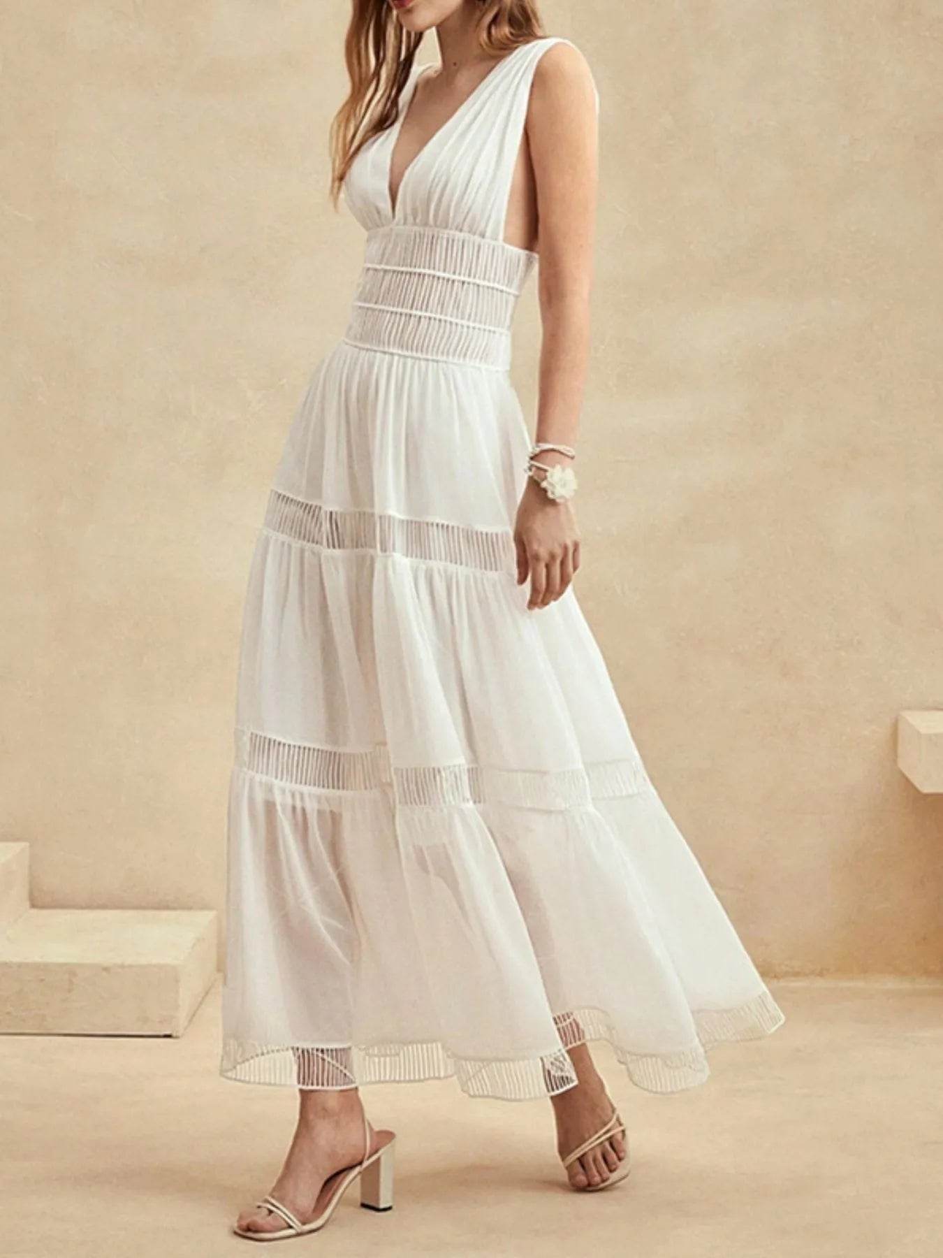 Tiered V-Neck Sleeveless Maxi Dress - ELY VESSA LLC