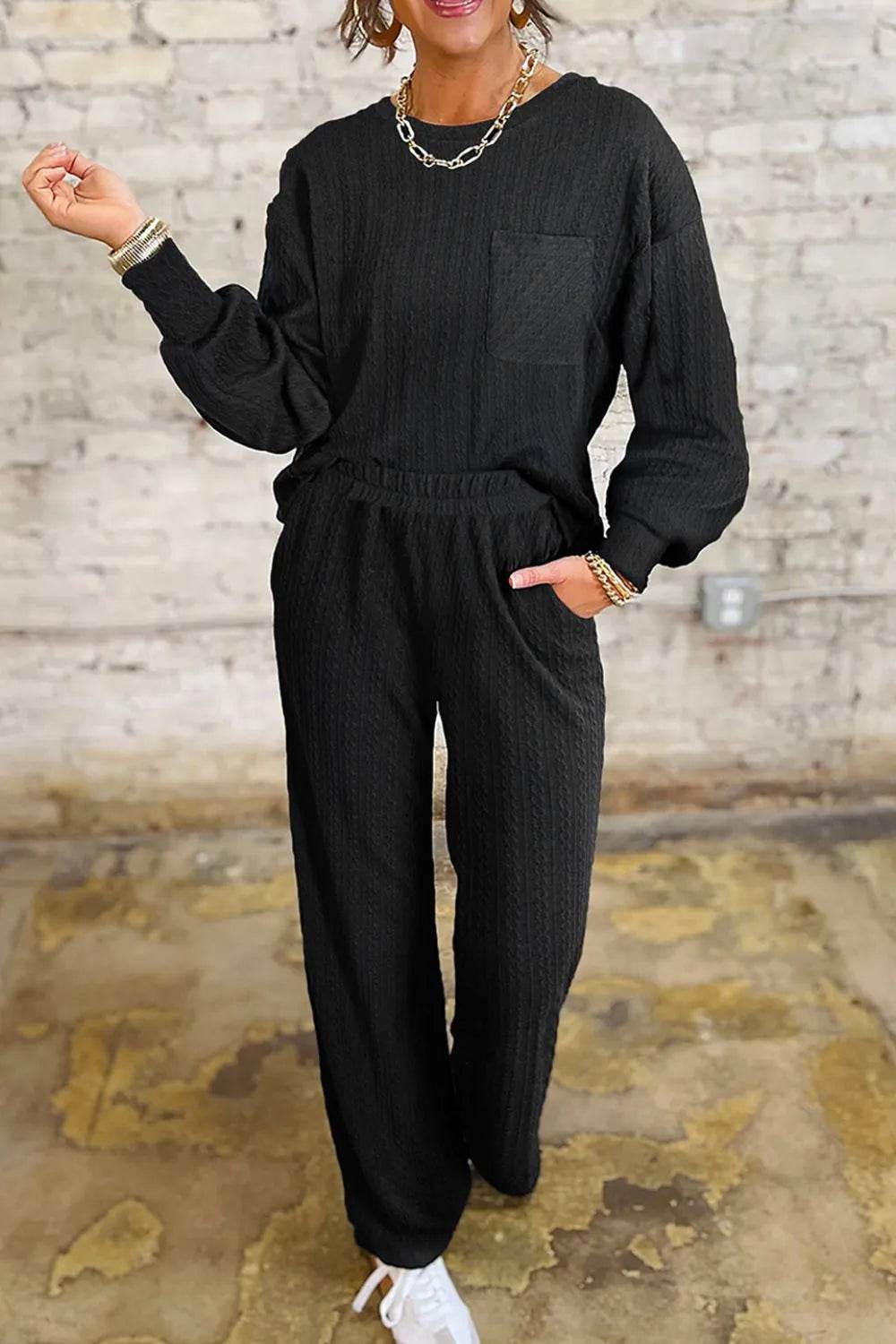 Round Neck Top and Pants Set - ELY VESSA LLC