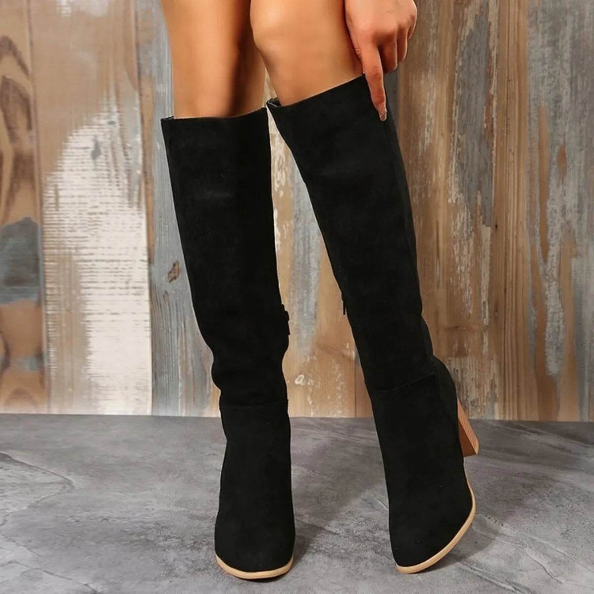Point Toe Block Heels Boots - ELY VESSA LLC