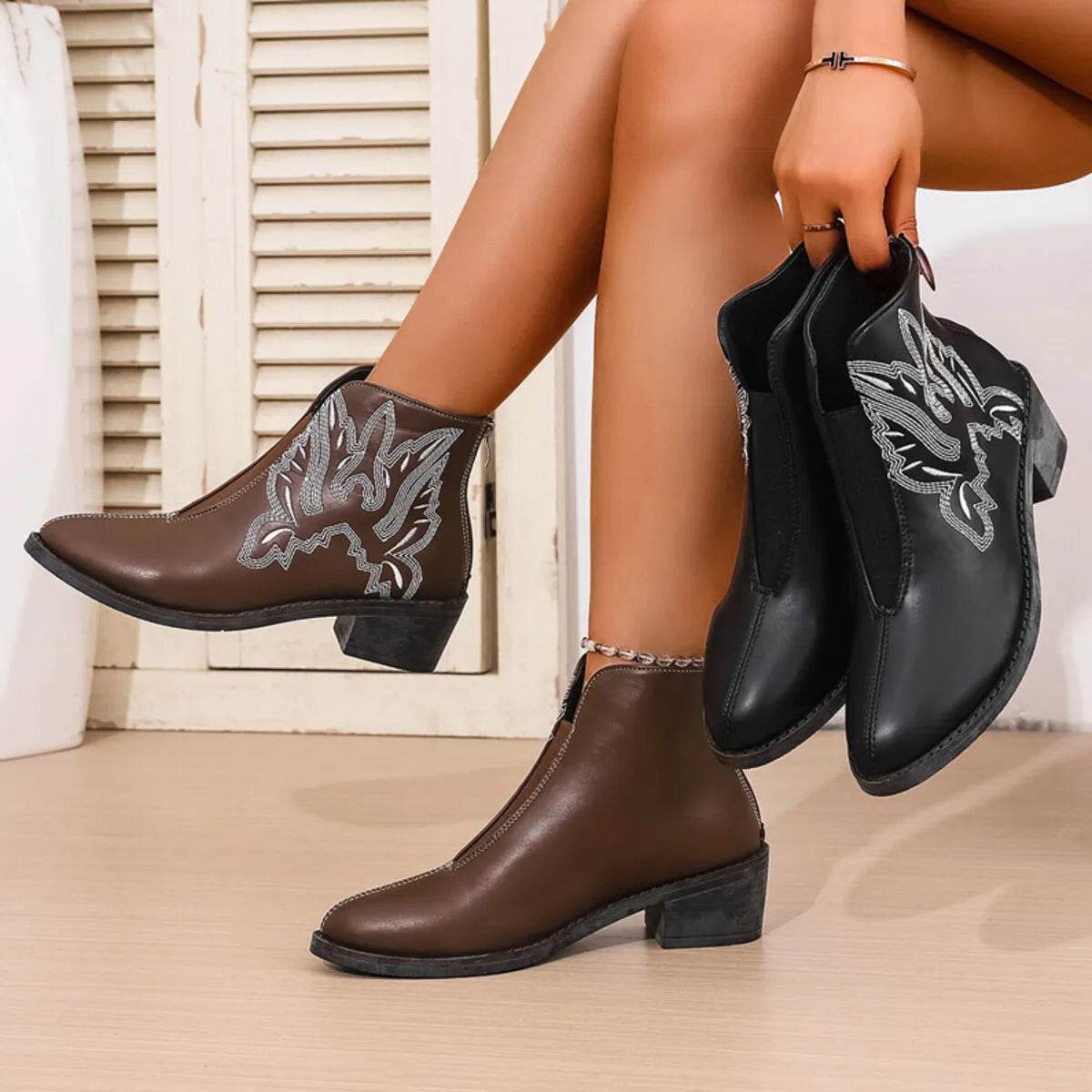 Western Embroidered Ankle Boots - ELY VESSA LLC