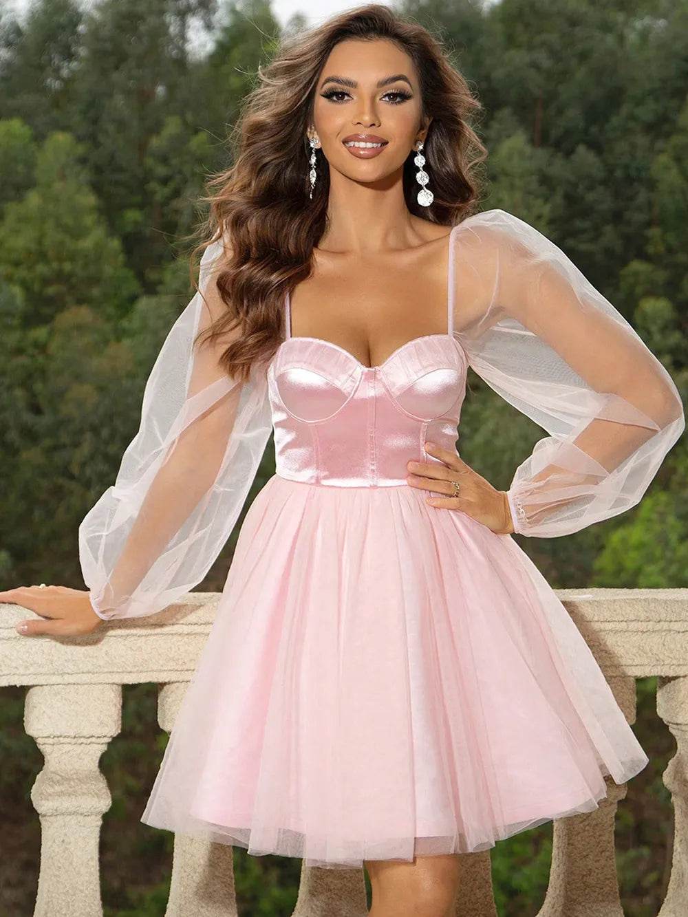 Sweetheart Neck Balloon Sleeve Mini Dress - ELY VESSA LLC