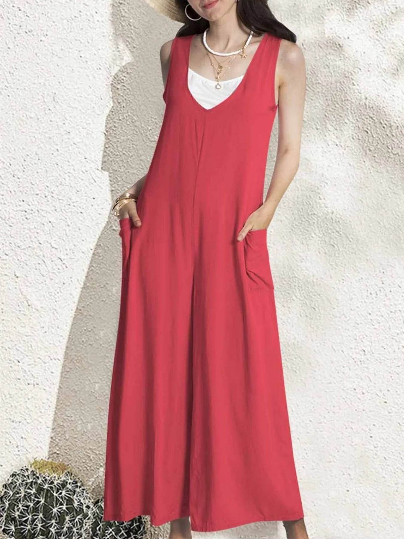 V-Neck Wide Leg Jumpsuit - ELY VESSA LLC