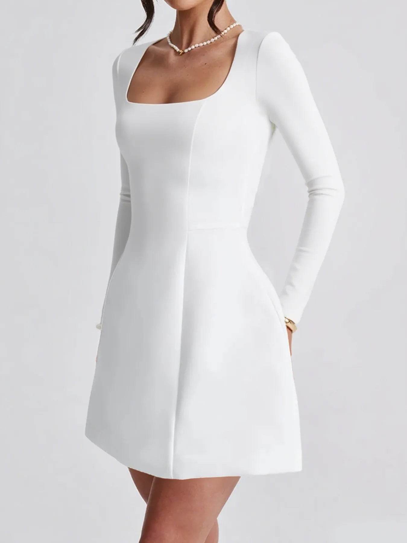 Square Neck Long Sleeve Mini Dress - ELY VESSA LLC