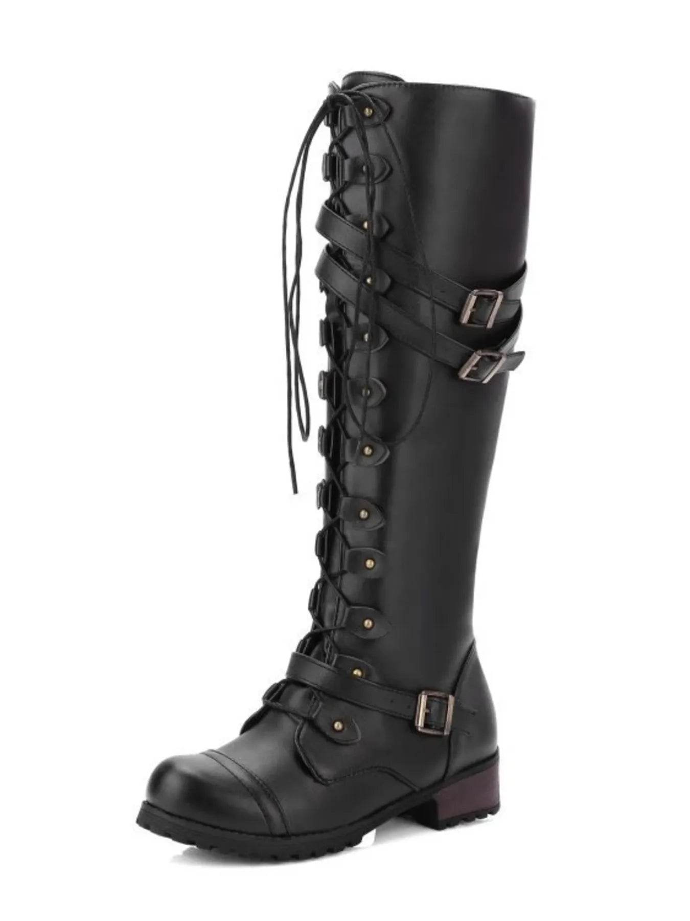 Lace-Up Boots with Buckle Straps - ELY VESSA LLC