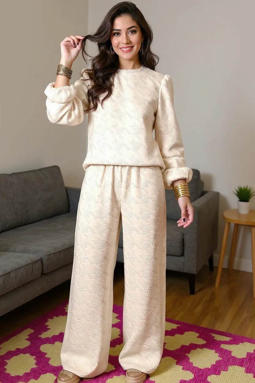 Double Take Texture Long Sleeve Top and Wide Leg Pants Set - ELY VESSA LLC