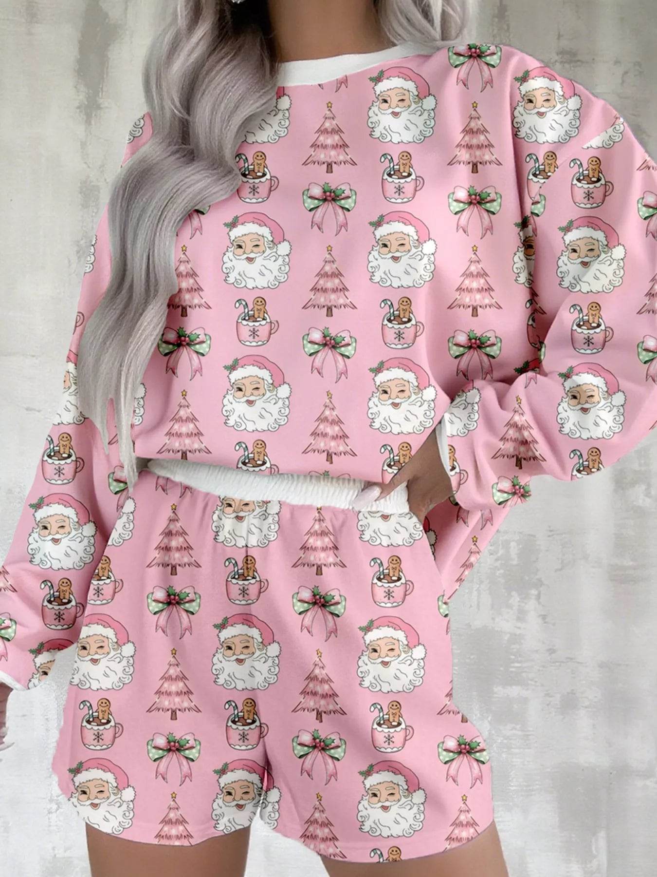 Christmas Santa Print Round Neck Top and Shorts Lounge Set - ELY VESSA LLC