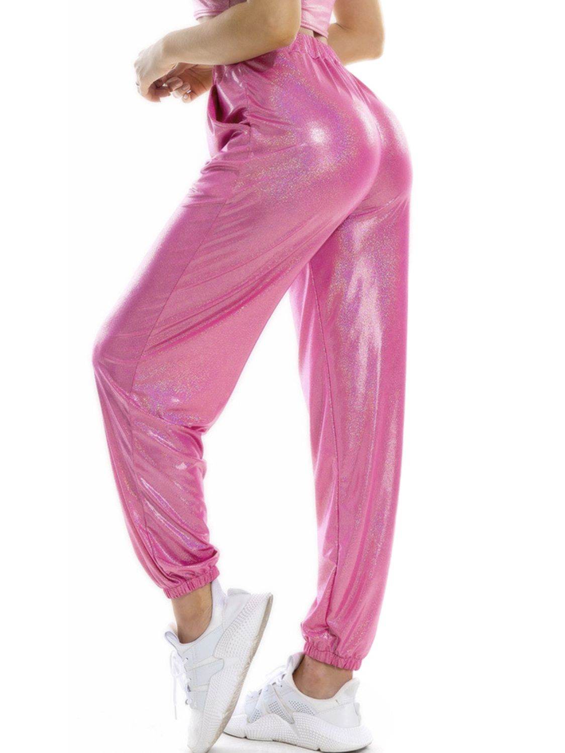 Glitter Elastic Waist Pants with Pockets - ELY VESSA LLC