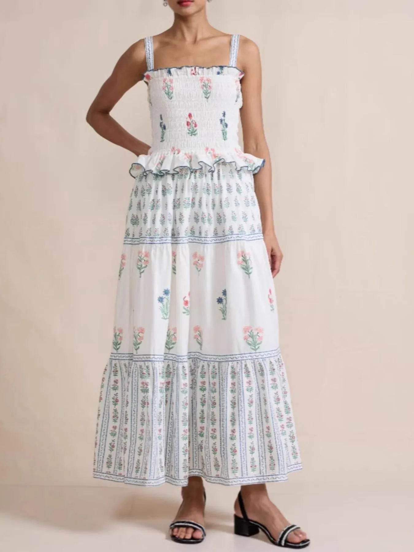 Bohemian Floral Print Smocked Tiered Maxi Dress - ELY VESSA LLC