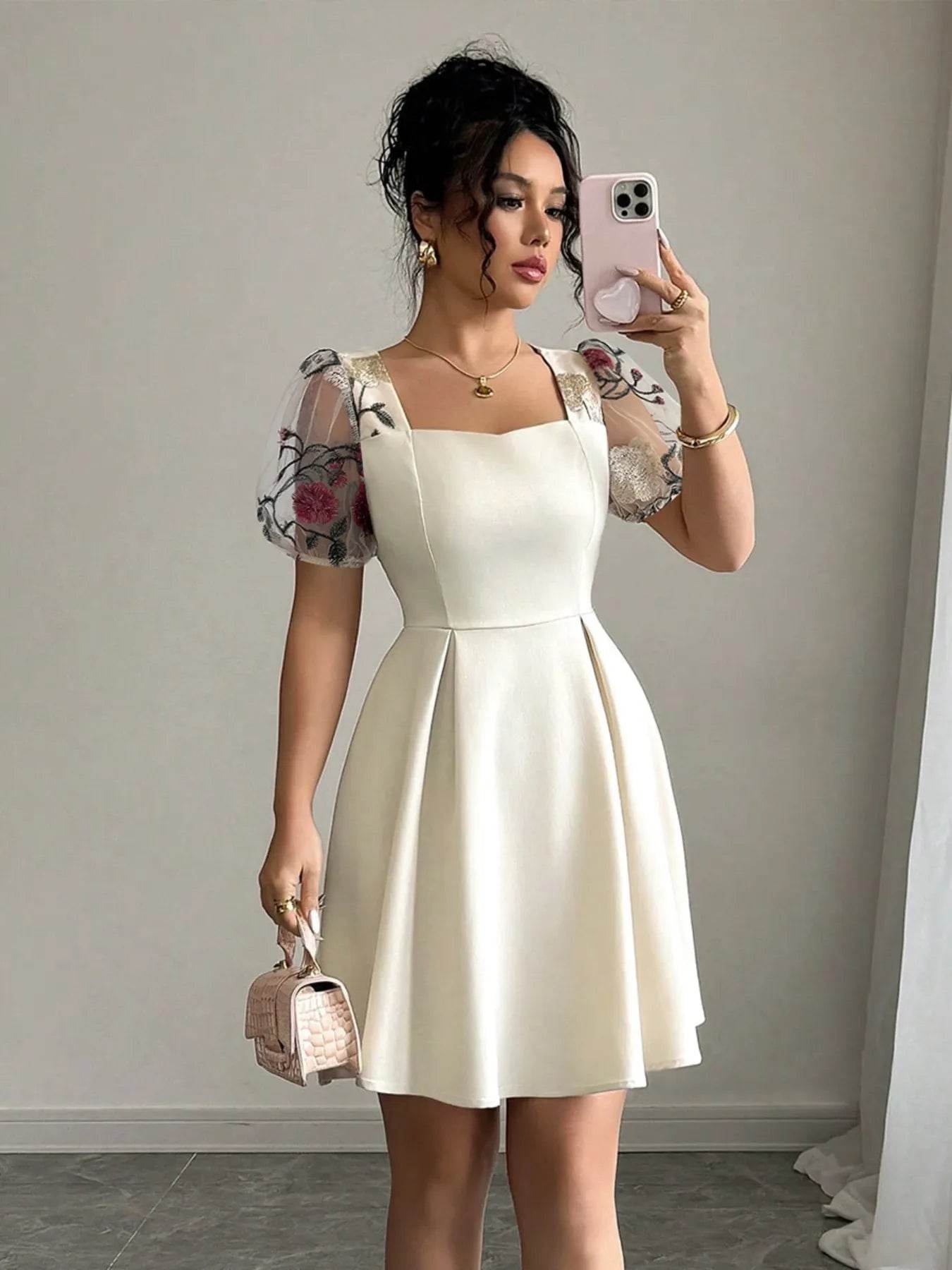 Square Neck Floral Sheer Sleeve Dress - ELY VESSA LLC