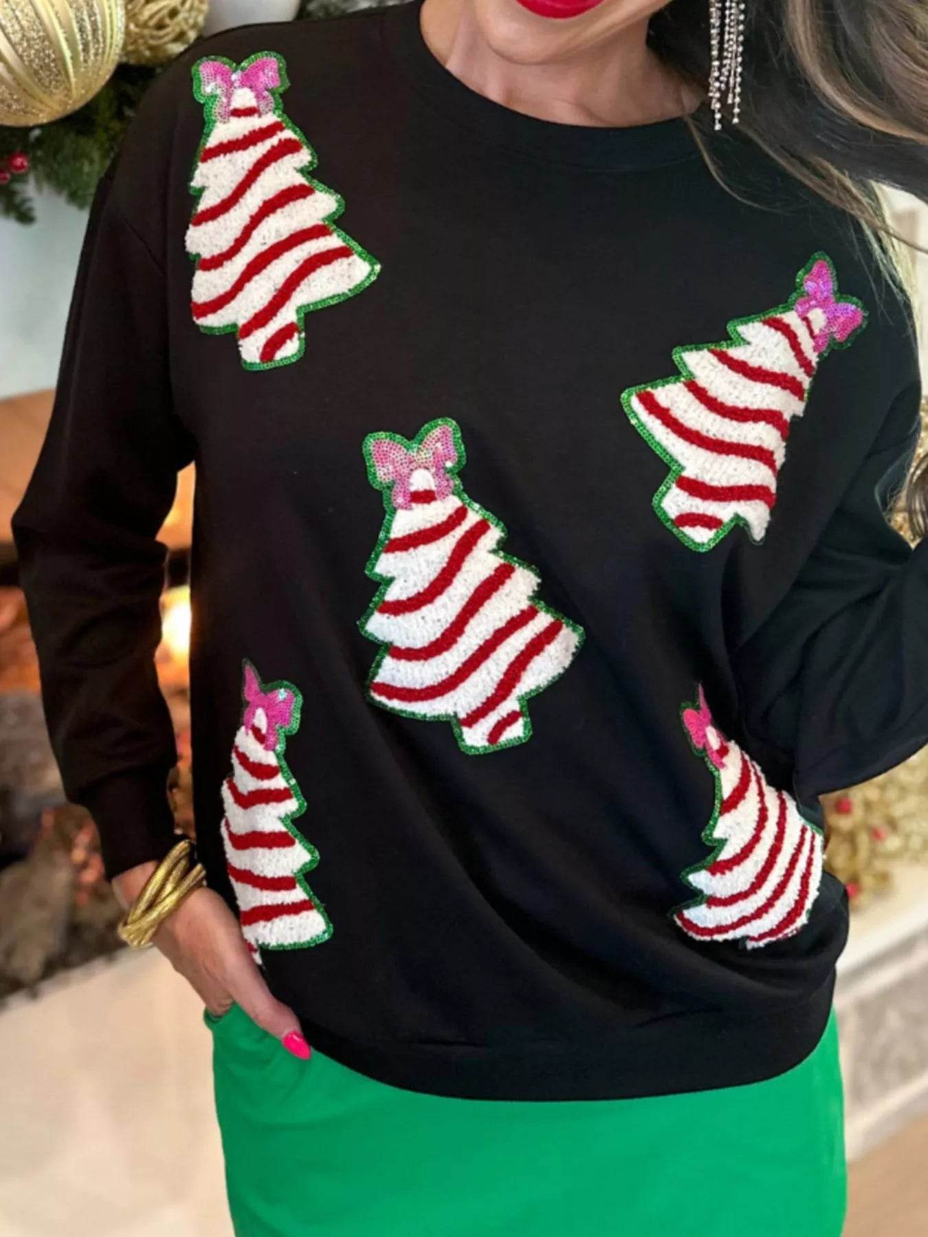 Christmas Tree Sequin Long Sleeve Sweatshirt - ELY VESSA LLC