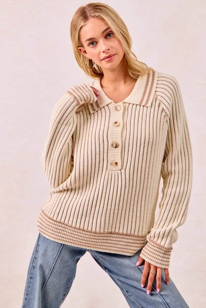 BiBi Half Button Ribbed Two Tone Sweater - ELY VESSA LLC