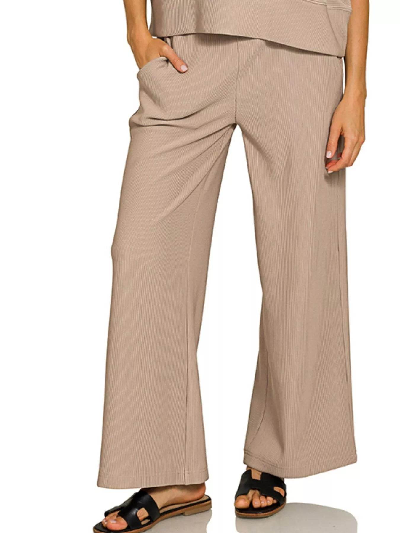 Zenana Ribbed Round Neck Tee & Pants Set - ELY VESSA LLC