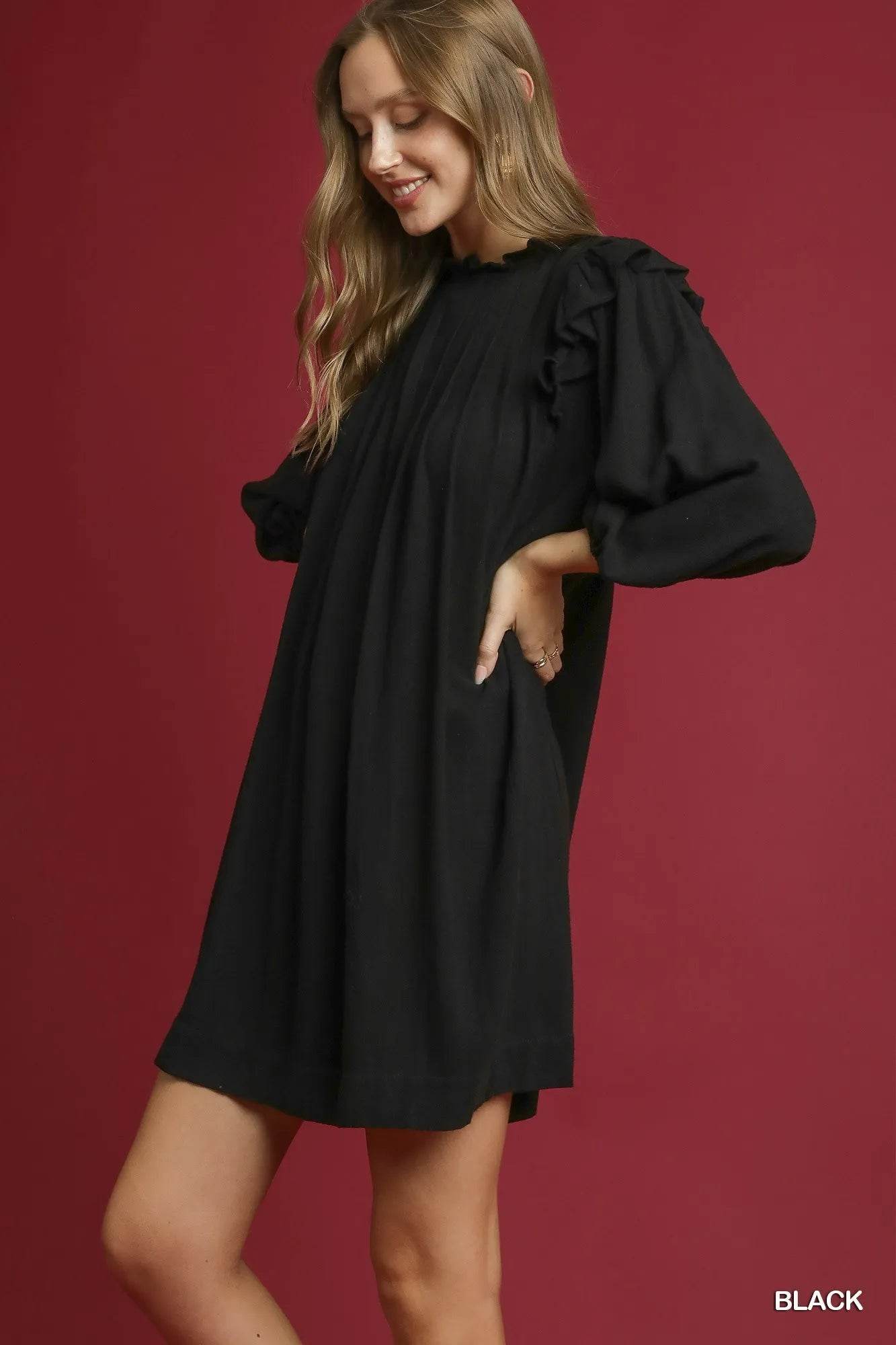 Umgee Linen Ruffle Shoulder Pleated Babydoll Dress - ELY VESSA LLC