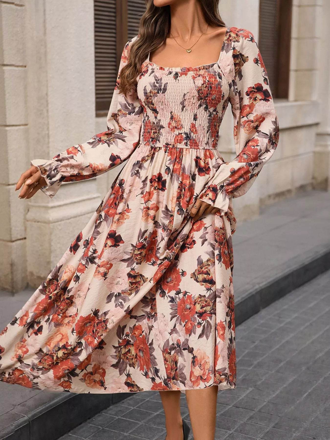Smocked Floral Print Flounce Sleeve Dress - ELY VESSA LLC