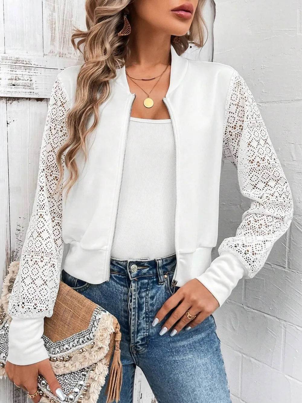 Baseball Collar Lace Patchwork Long Sleeve Jacket - ELY VESSA LLC