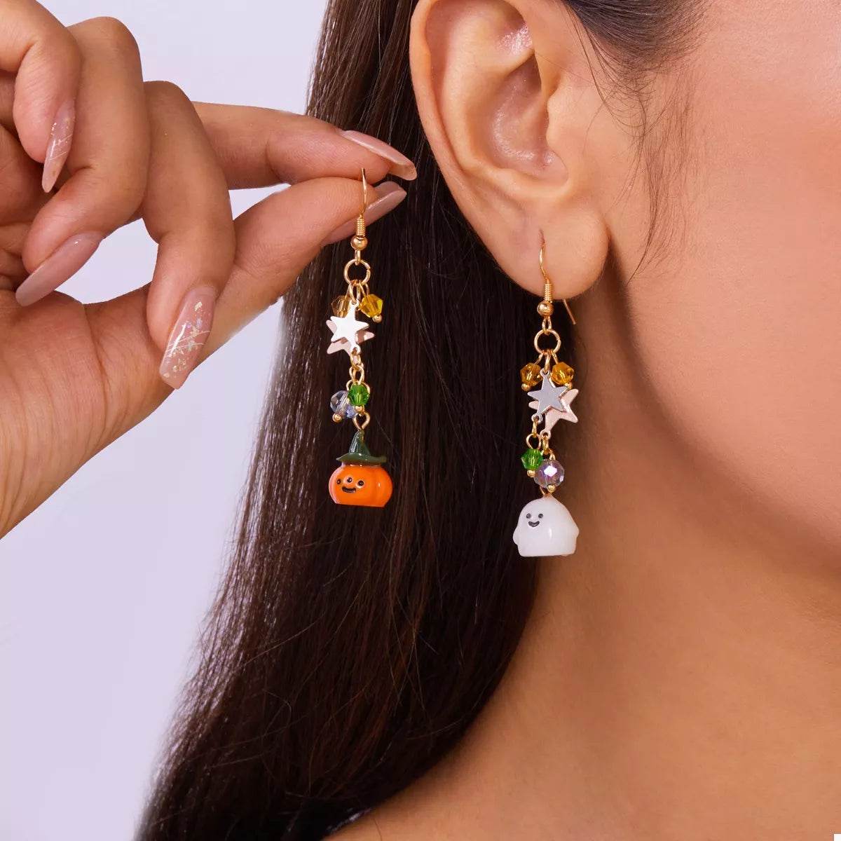 Halloween Asymmetrical Pumpkin Ghost Earrings - ELY VESSA LLC