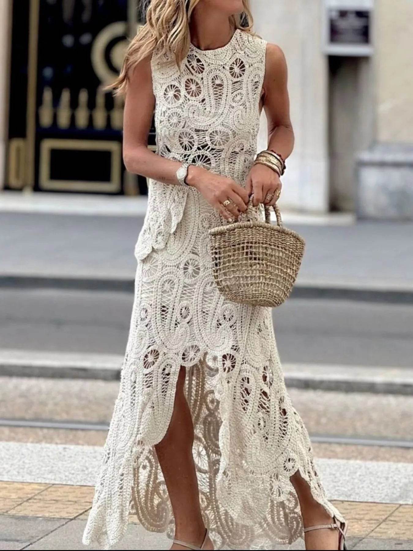 Crochet Sleeveless Tank and Skirt Set - ELY VESSA LLC
