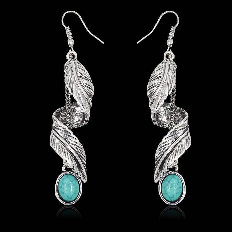 Alloy Leaf Artificial Turquoise Earrings - ELY VESSA LLC