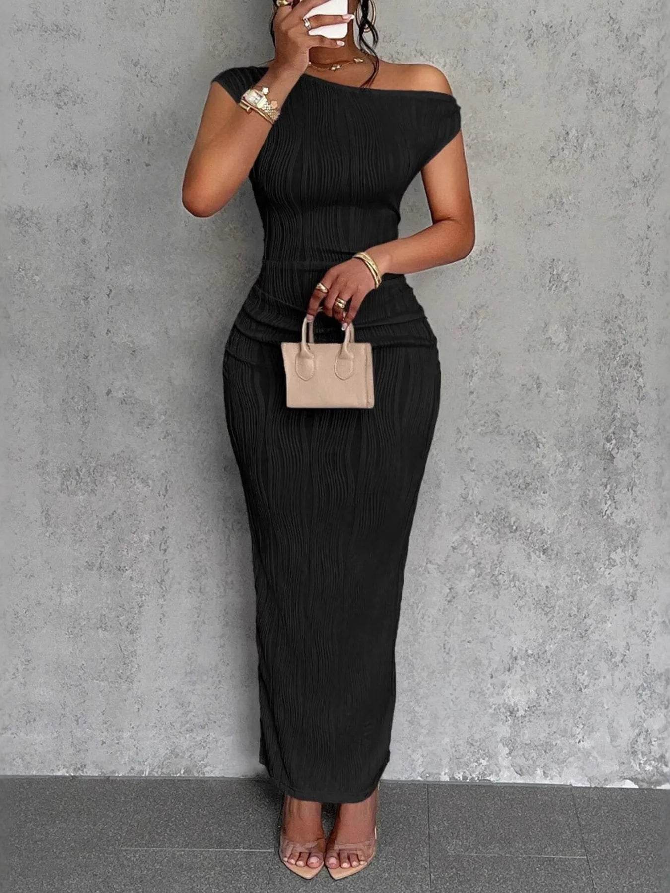 Textured Single Shoulder Bodycon Maxi Dress - ELY VESSA LLC