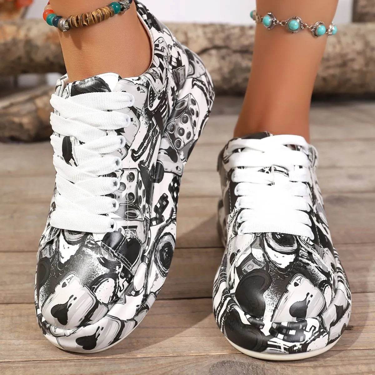Abstract Print Lace Up Sneakers - ELY VESSA LLC