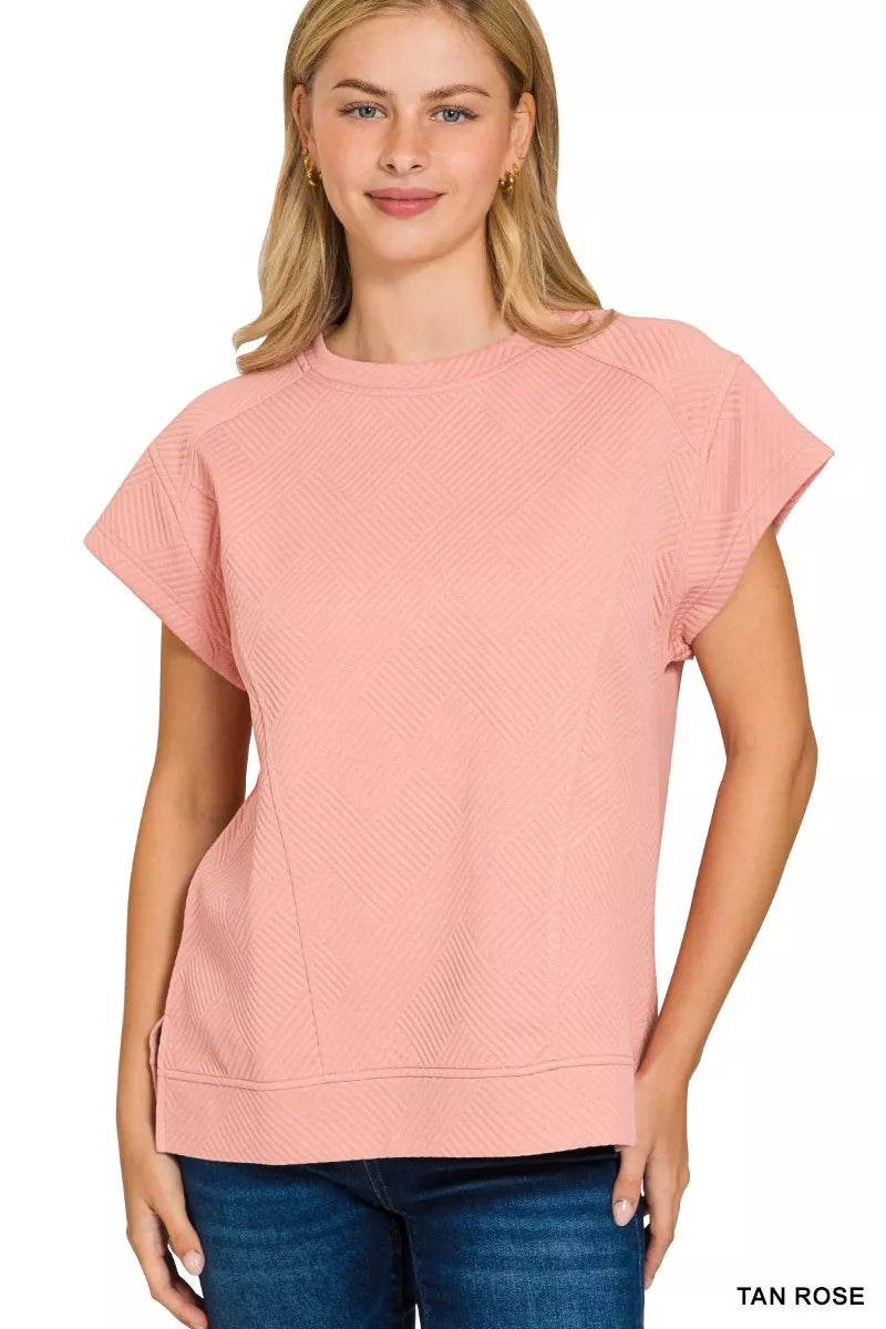 Zenana Textured Knit Jacquard Short Sleeve Top - ELY VESSA LLC
