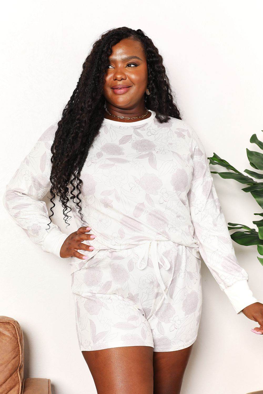 Double Take Floral Long Sleeve Top and Shorts Loungewear Set - ELY VESSA LLC