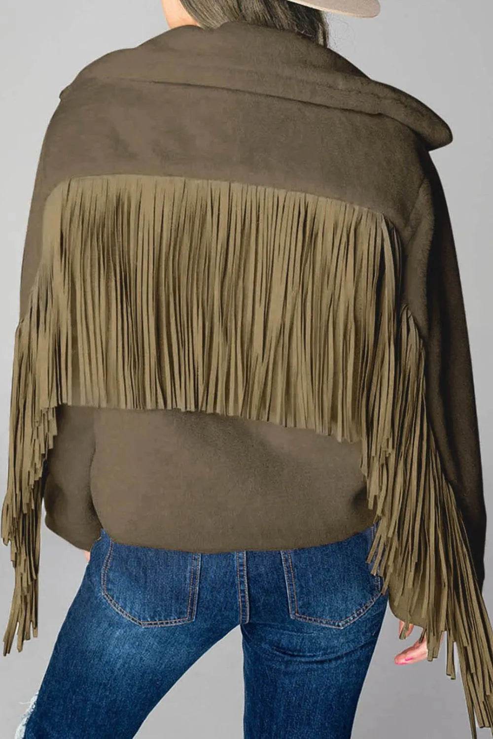 Fringed Zip Up Fleece Jacket - ELY VESSA LLC
