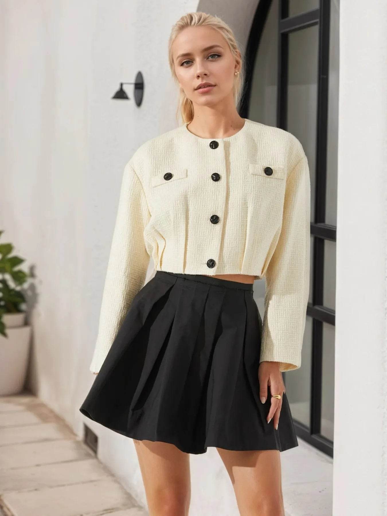 Button Up Long Sleeve Crop Outerwear - ELY VESSA LLC